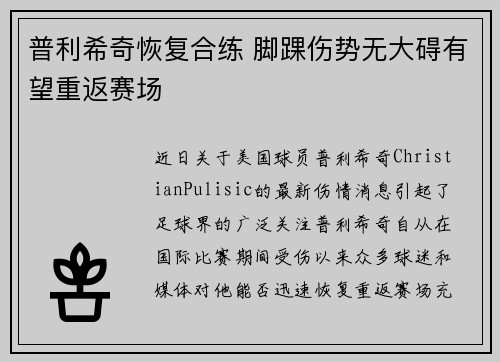 普利希奇恢复合练 脚踝伤势无大碍有望重返赛场